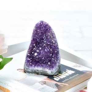 May include: A large, polished amethyst crystal geode with a deep purple hue, resting on a stack of books. A white bowl holds several brown chocolate wafer cookies. A vase with pink flowers is in the background.