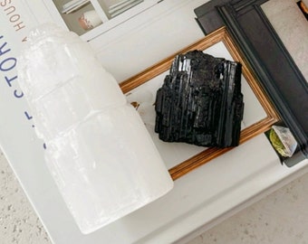 Selenite & Black Tourmaline Crystal Set for Powerful Protection Against Negative Energy and EMFs
