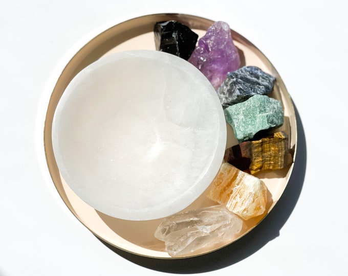 Crystal Set - Chakra Stones Set: Raw Gemstones & Selenite Charging Bowl