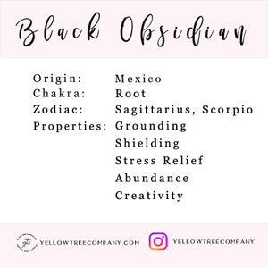 May include: Black obsidian crystal with information about its origin, chakra, zodiac sign, and properties. The text reads: Origin: Mexico, Chakra: Root, Zodiac: Sagittarius, Scorpio, Properties: Grounding, Shielding, Stress Relief, Abundance, Creativity.