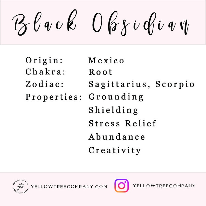 May include: Black obsidian crystal with information about its origin, chakra, zodiac sign, and properties. The text reads: Origin: Mexico, Chakra: Root, Zodiac: Sagittarius, Scorpio, Properties: Grounding, Shielding, Stress Relief, Abundance, Creativity.