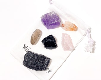 Evil Eye Protection Crystal Set: Black Tourmaline, Obsidian, Citrine, Quartz & Amethyst
