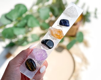 Sagittarius Zodiac Crystal Bundle with Chakra-Engraved Selenite Plate: Amethyst, Sodalite, Tiger's Eye, Citrine, Clear Quartz & Onyx