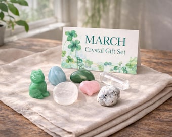 March Crystal Gift Set | Aquamarine Tumble, Rose Quartz Heart, Clear Quartz Point, Green Aventurine Cat, Moonstone, Moss Agate Selenite dish
