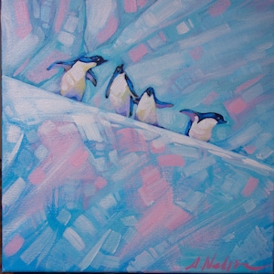 Penguins in Ice Painting: Original Art on Stretched Canvas (12x12)