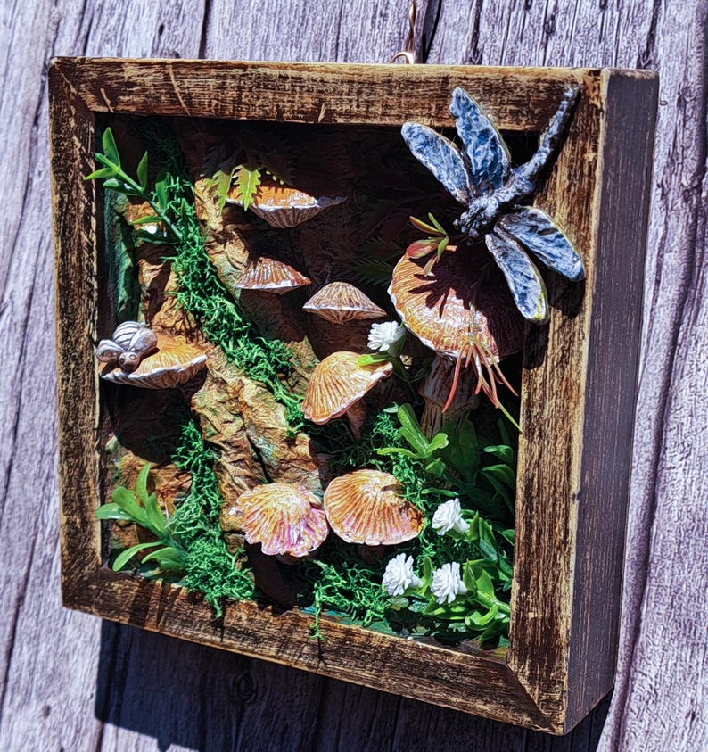 Woodland Mushroom Shadow Box 6x6 Handmade Forest Diorama Rustic Cottagecore Wall Art