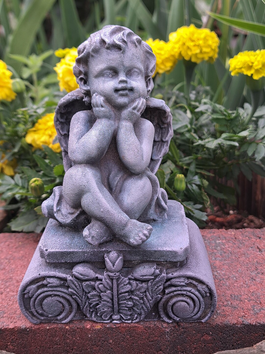 Concrete Cherub Statue Weathered Garden Angel on Pedestal Outdoor Decor ...