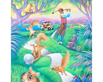 Funny Squirrel Painting Golfer Scene Original Acrylic Art Colorful  Animal Art 24x20 Canvas