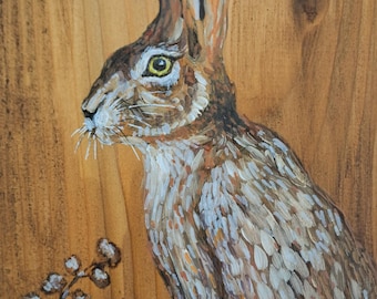 Hand Painted Hare Acrylic Art on Wood Panel, Rustic Woodland Decor