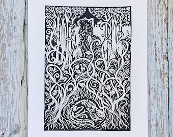 The Sacred Roots Original Linocut Print from There Is No Death series 9 x 6.5
