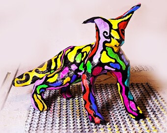 Colorful Paper Mache Cat Sculpture – Abstract Folk Art Animal