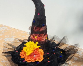 Halloween Witch Hat Table Sitter Centerpiece, Black Hat with Flowers & Feathers, Fall Decor