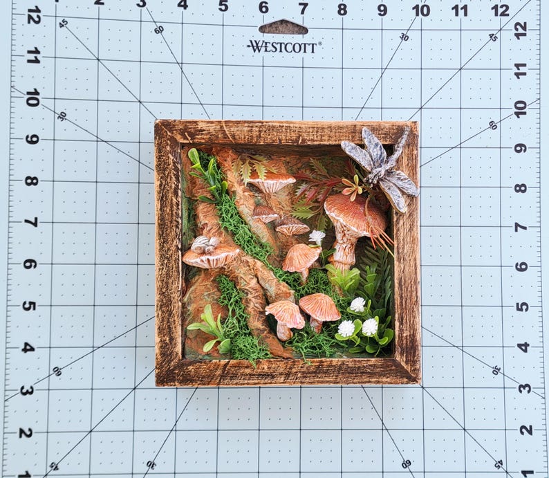 Woodland Mushroom Shadow Box 6x6 Handmade Forest Diorama Rustic Cottagecore Wall Art