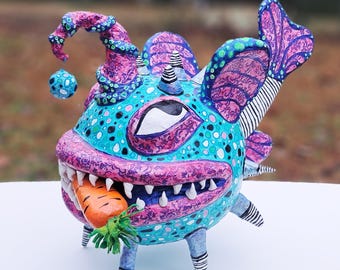 Custom Monster Sculpture – Hand-Painted Papier-Mâché Creature Art (Made to Order)