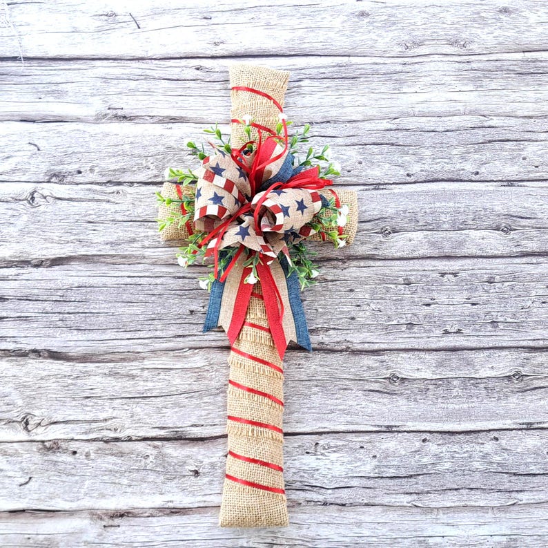 Patriotic Burlap Cross Door Hanger Rustic Americana Farmhouse Fourth of ...