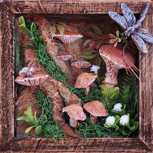 Woodland Mushroom Shadow Box 6x6 Handmade Forest Diorama Rustic Cottagecore Wall Art