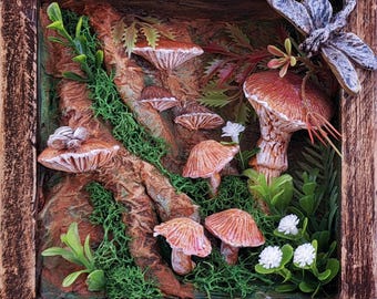 Woodland Mushroom Shadow Box 6x6 Handmade Forest Diorama Rustic Cottagecore Wall Art