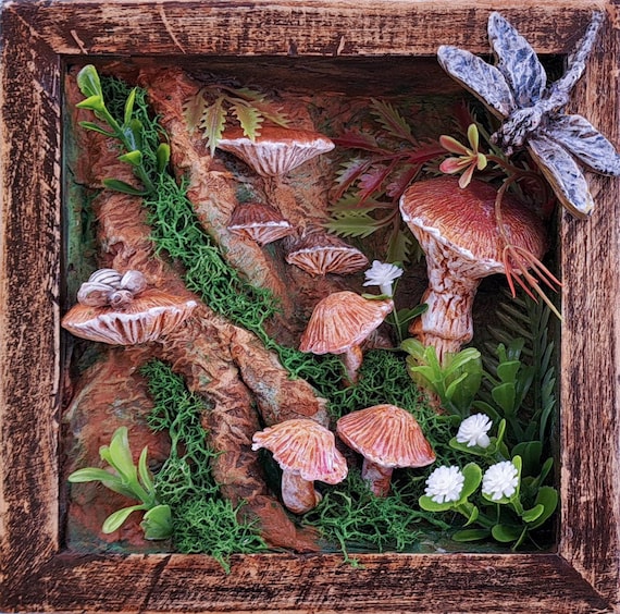 Woodland Mushroom Shadow Box 6x6 Handmade Forest Diorama Rustic Cottagecore Wall Art