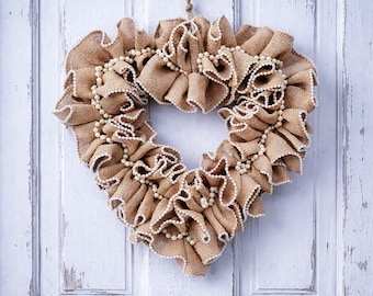 Burlap Heart Wreath Rustic Farmhouse Wall Decor Neutral Romantic Door Hanging