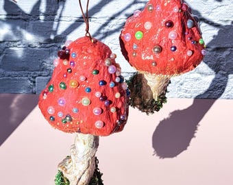 Handmade Paper Mache Mushroom Ornaments Set of Two Whimsical Red Toadstools Fairy Decor OOAK