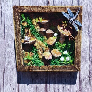 Woodland Mushroom Shadow Box 6x6 Handmade Forest Diorama Rustic Cottagecore Wall Art