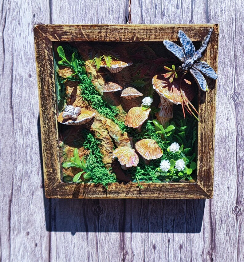 Woodland Mushroom Shadow Box 6x6 Handmade Forest Diorama Rustic Cottagecore Wall Art
