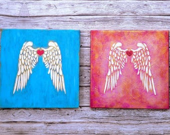 Textured Angel Wings Painting with Gold Accents, 12x12 Canvas Wall Art