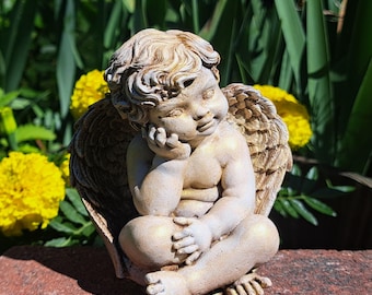 Concrete Cherub Figurine: Hand-Painted Concrete Angel Decor