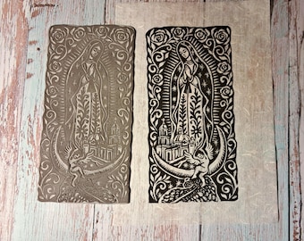 Our Lady of Guadalupe Linocut print on Mulberry Paper Texas Inspired Black&White 9x4.5
