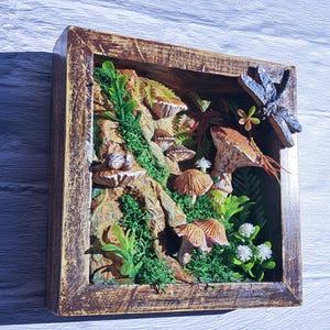 Woodland Mushroom Shadow Box 6x6 Handmade Forest Diorama Rustic Cottagecore Wall Art