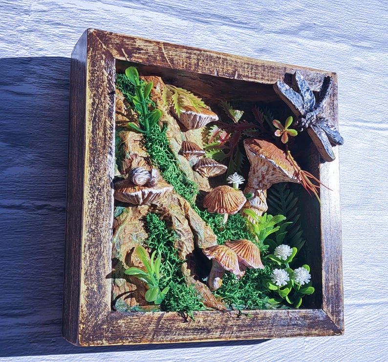 Woodland Mushroom Shadow Box 6x6 Handmade Forest Diorama Rustic Cottagecore Wall Art