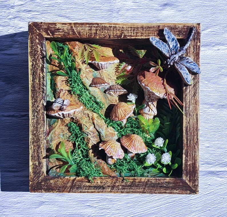 Woodland Mushroom Shadow Box 6x6 Handmade Forest Diorama Rustic Cottagecore Wall Art