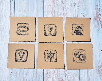 Spiritual Linocut Print Set of 6, Religious Symbol Art,  Christian Gift, Small 4x4 Prints
