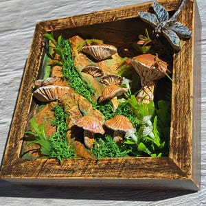 Woodland Mushroom Shadow Box 6x6 Handmade Forest Diorama Rustic Cottagecore Wall Art