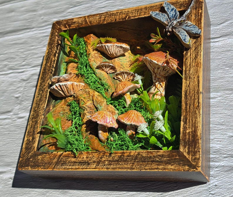 Woodland Mushroom Shadow Box 6x6 Handmade Forest Diorama Rustic Cottagecore Wall Art
