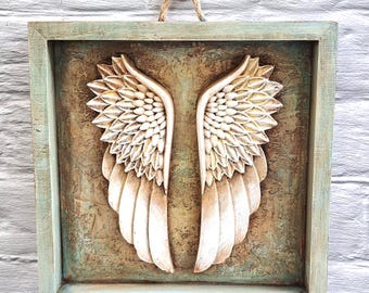 Distressed Angel Wings Wall Art 8x8 Rustic Framed Relief Farmhouse Decor Spiritual Gift