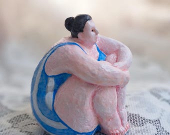 Mini Woman Sculpture Small Statue Hand Painted Plaster Figure Seated Woman Art 3.5 inch