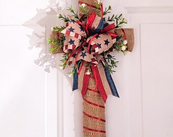 Patriotic Burlap Cross Door Hanger Rustic Americana Farmhouse Fourth of July Decoration
