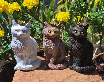 Concrete Cat with Crown,  Small Garden Sculpture, Indoor Outdoor 3.5 x 2 inches