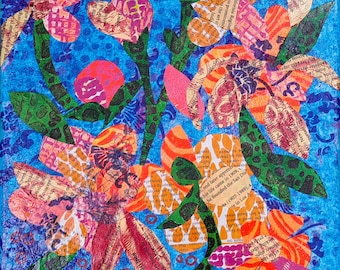 Garden Whispers, original paper collage on 10 x 10 inches stretched canvas, sealed