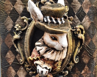 White Rabbit Wall Sculpture Distressed Alice Decor Handmade Mixed Media Art