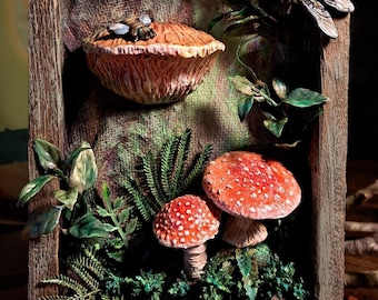 Amanita Mushroom Shadow Box – Handmade 3D Forest Diorama