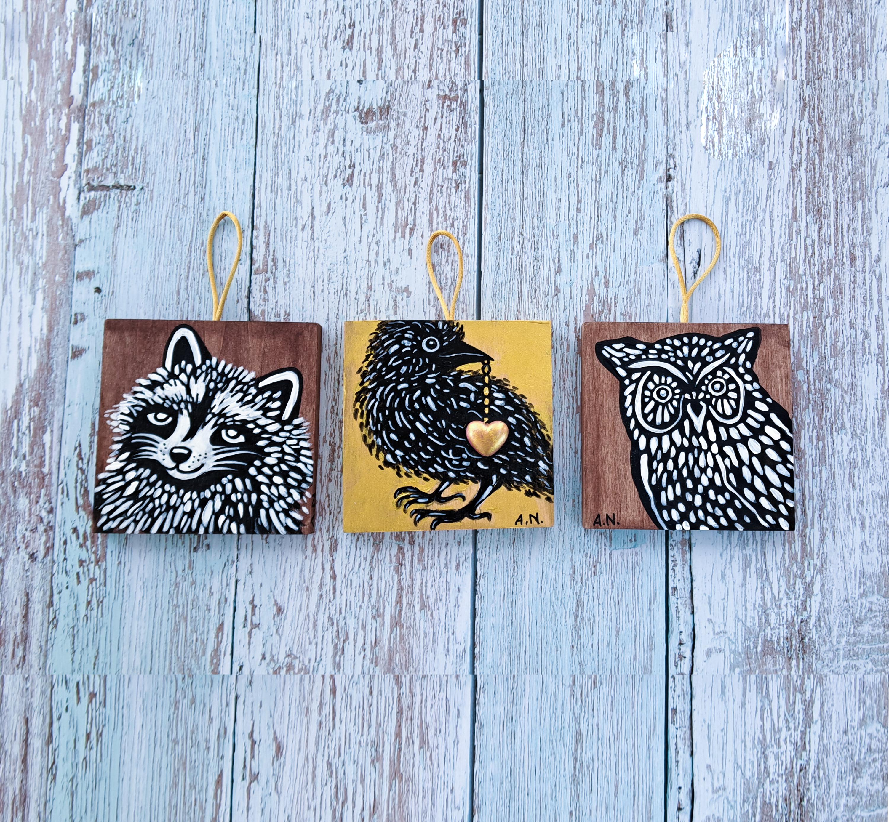 Woodland Animal Art on Wood Panel – Owl, Raven or Raccoon Original Mini 4.5x4.5 Painting
