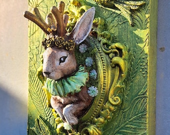 Distressed Jackalope Wall Sculpture, Mixed Media Bunny Art, Vintage Style Wall Decor
