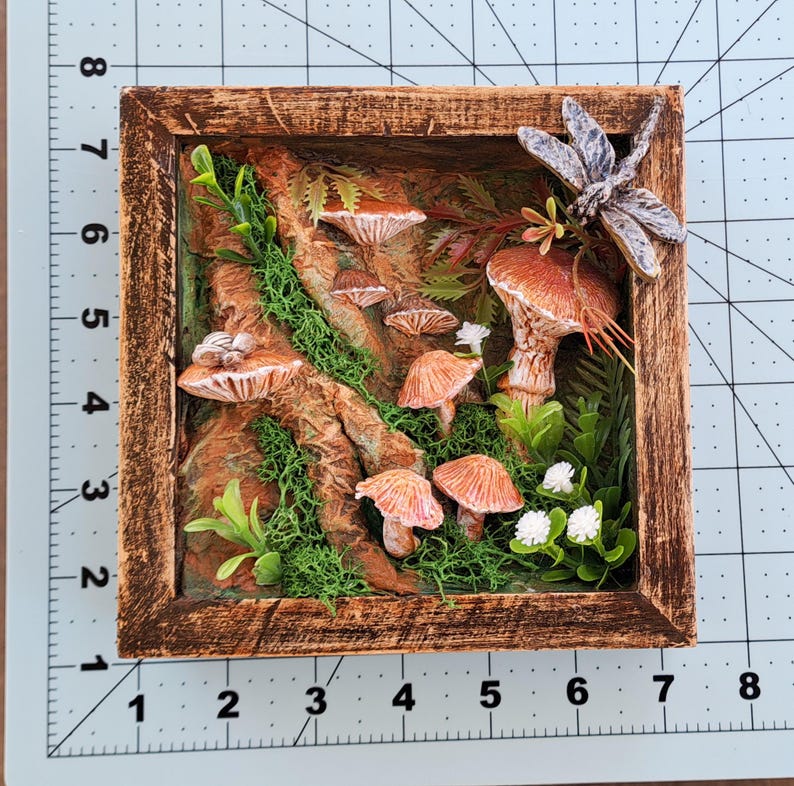 Woodland Mushroom Shadow Box 6x6 Handmade Forest Diorama Rustic Cottagecore Wall Art