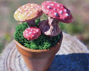 Ceramic Amanita Mushroom Pot Sculpture, Mossy Woodland Decor