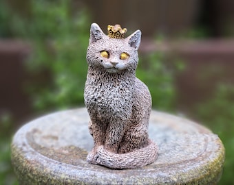 Concrete Cat with Crown,  Small Garden Sculpture, Indoor Outdoor 3.5 x 2 inches