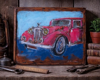 Antique Car Painting: Handmade Rustic Art on Wood (9x10 inches)