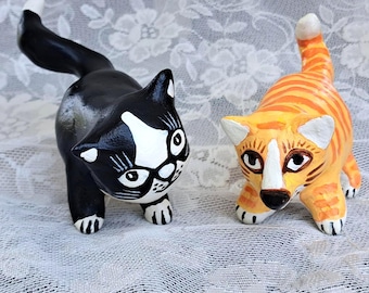 Set of 2 Handmade Paperclay Cats, Primitive Folk, Orange Tabby & Black-White Cat Sculpture