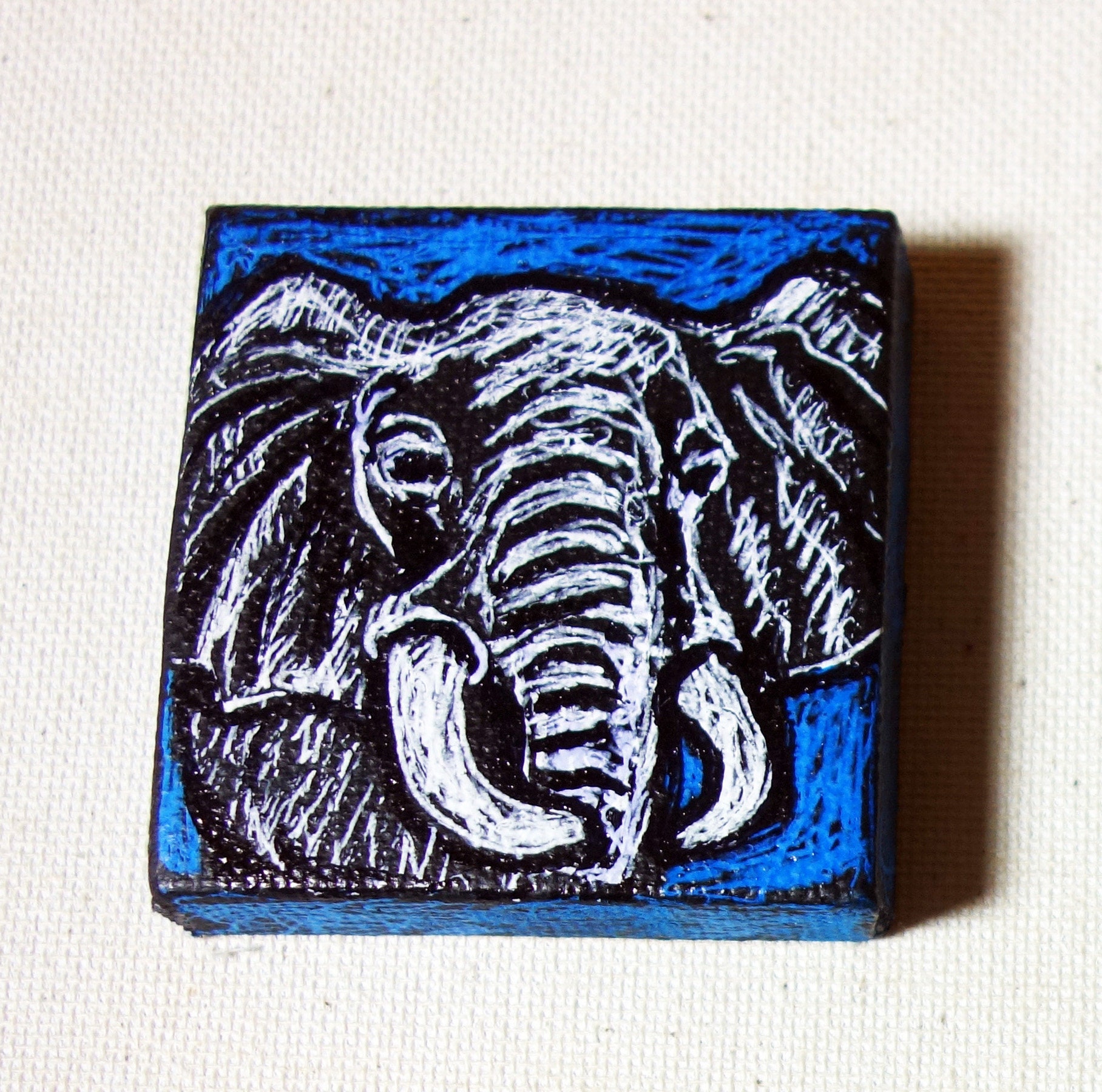 Elephant, Miniature Drawing on Stretched 2 X 2 Inches Canvas by